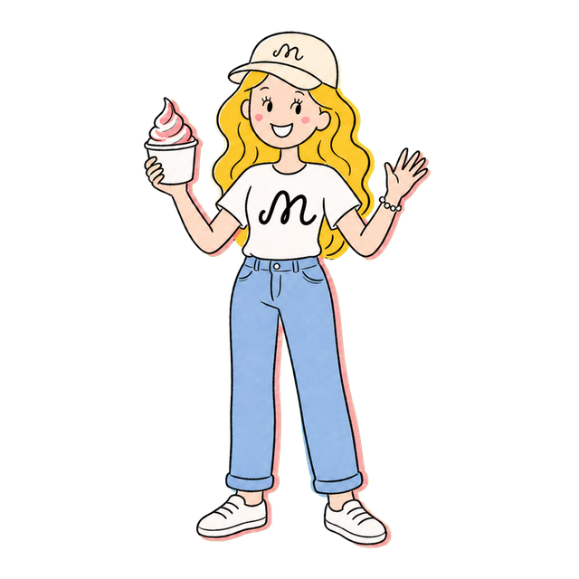 Illustrated Amber, Mimi's founder, waving with a cup of froyo